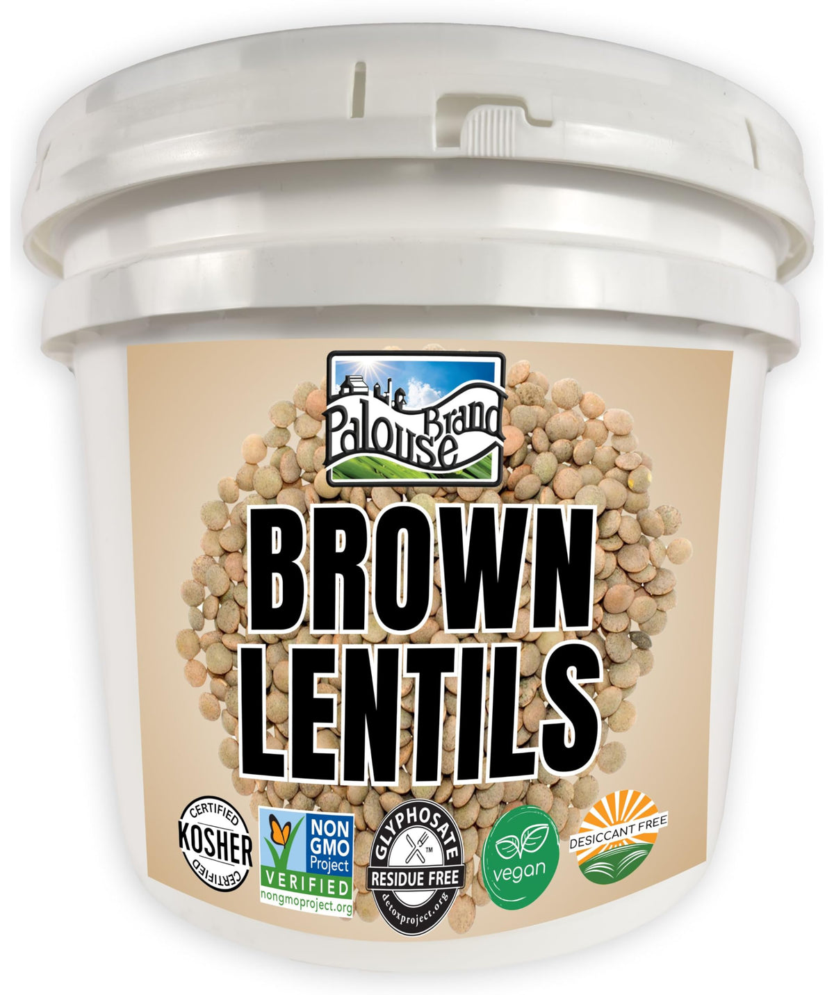 Palouse Brand brown lentils in a bulk bucket for pantry storage.