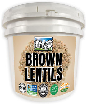 Palouse Brand brown lentils in a bulk bucket for pantry storage.