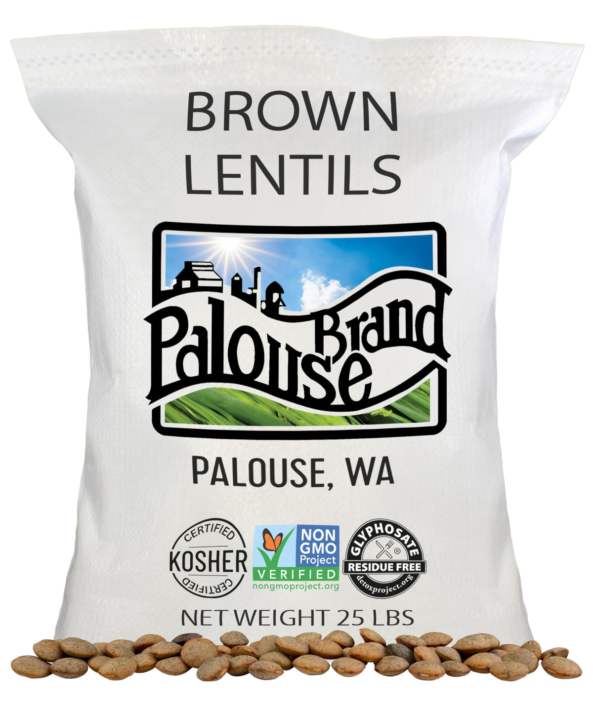 Palouse Brand brown lentils bulk front, pantry staple for soups and stews.