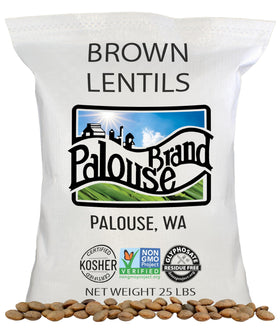 Palouse Brand brown lentils bulk front, pantry staple for soups and stews.