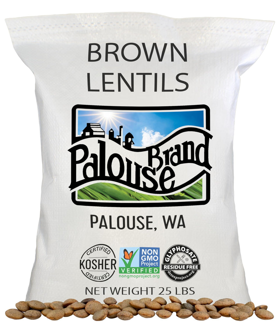 Palouse Brand brown lentils bulk front, pantry staple for soups and stews.