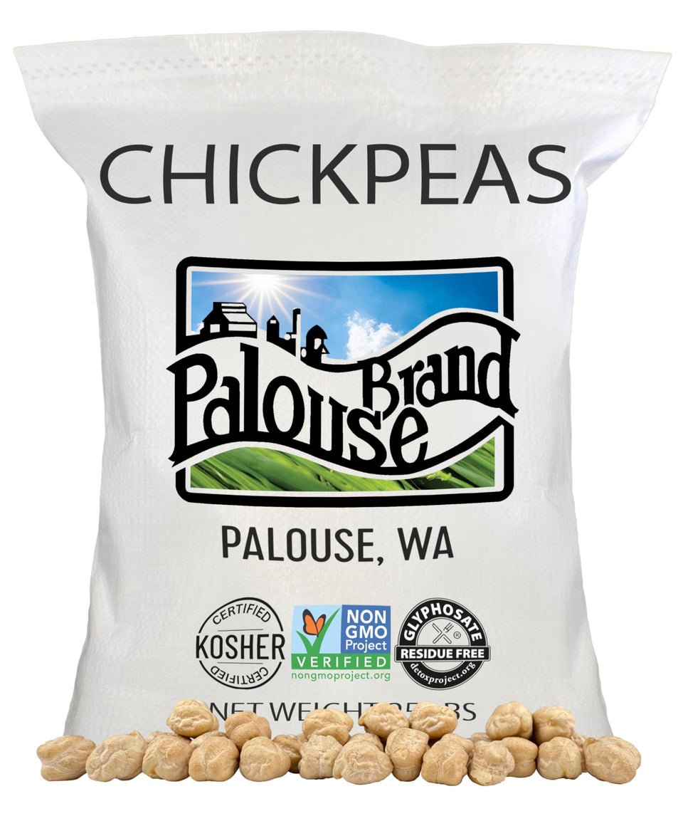 Palouse Brand chickpeas bag front with glyphosate-free badge for clean ingredients.