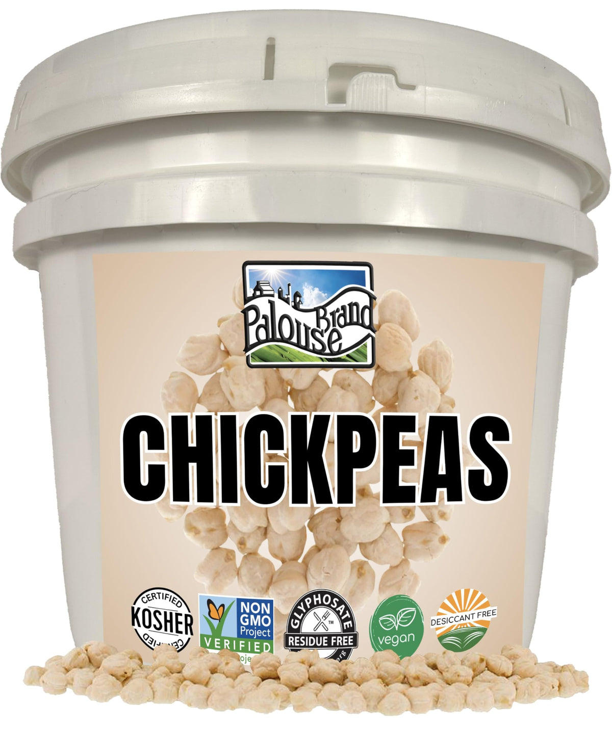 Palouse Brand glyphosate-free chickpeas in a bulk bucket, ready for long-term storage.