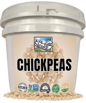 Palouse Brand glyphosate-free chickpeas in a bulk bucket, ready for long-term storage.