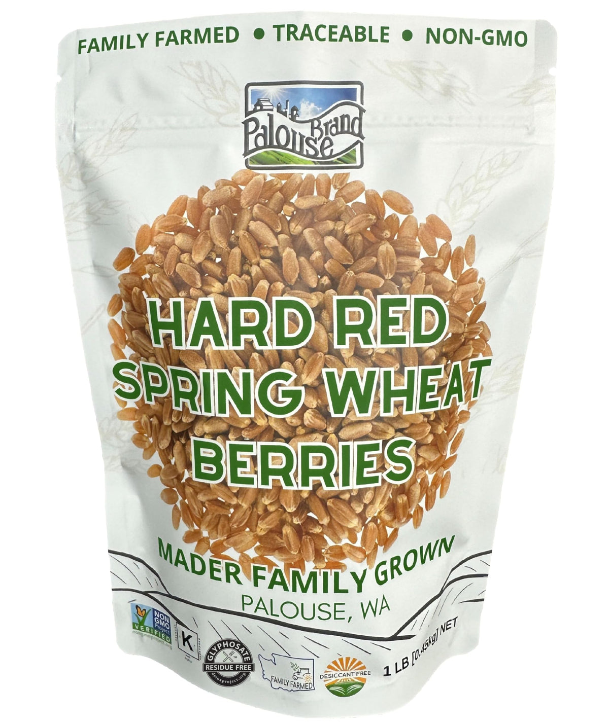 Palouse Brand hard red spring wheat berries in a 1 lb pouch for pantry versatility.