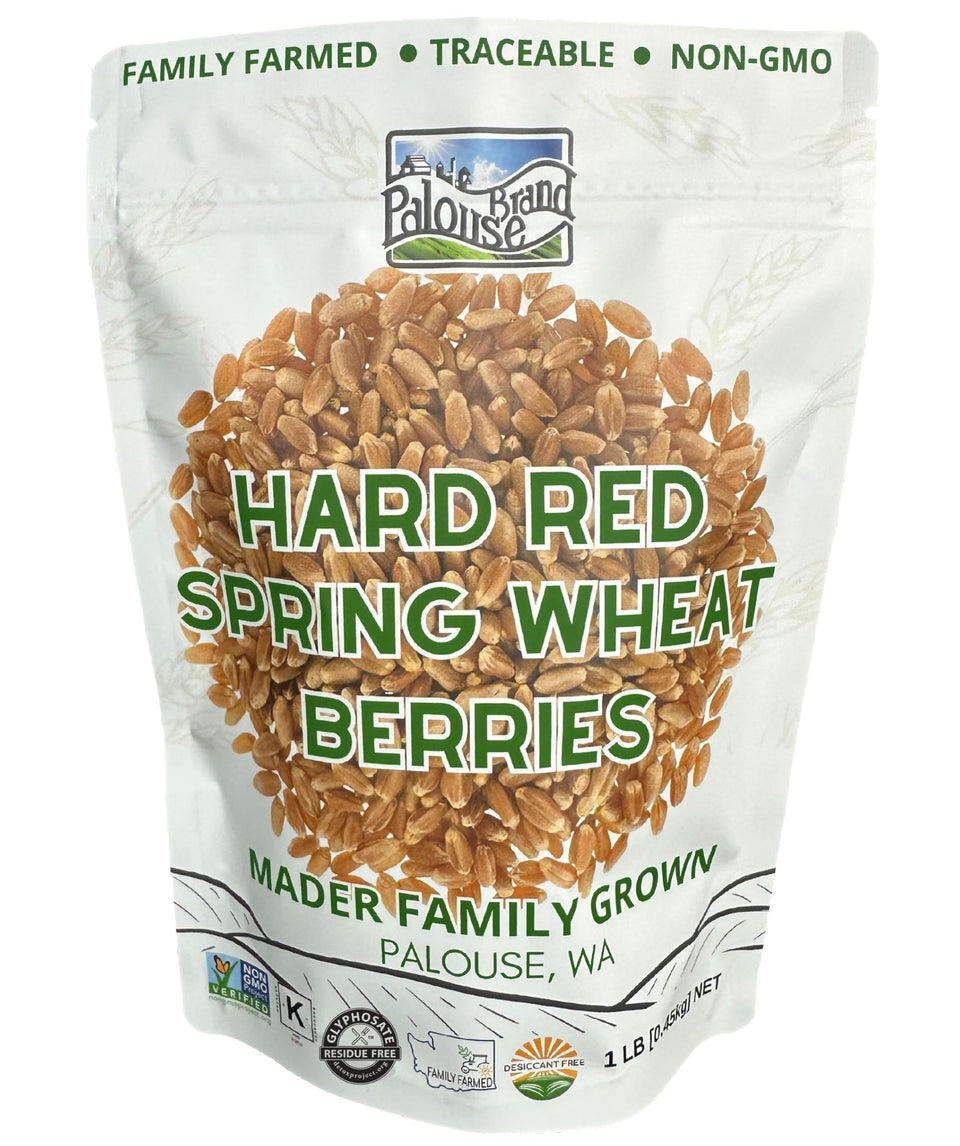 Palouse Brand hard red spring wheat berries in a 1 lb pouch for pantry versatility.