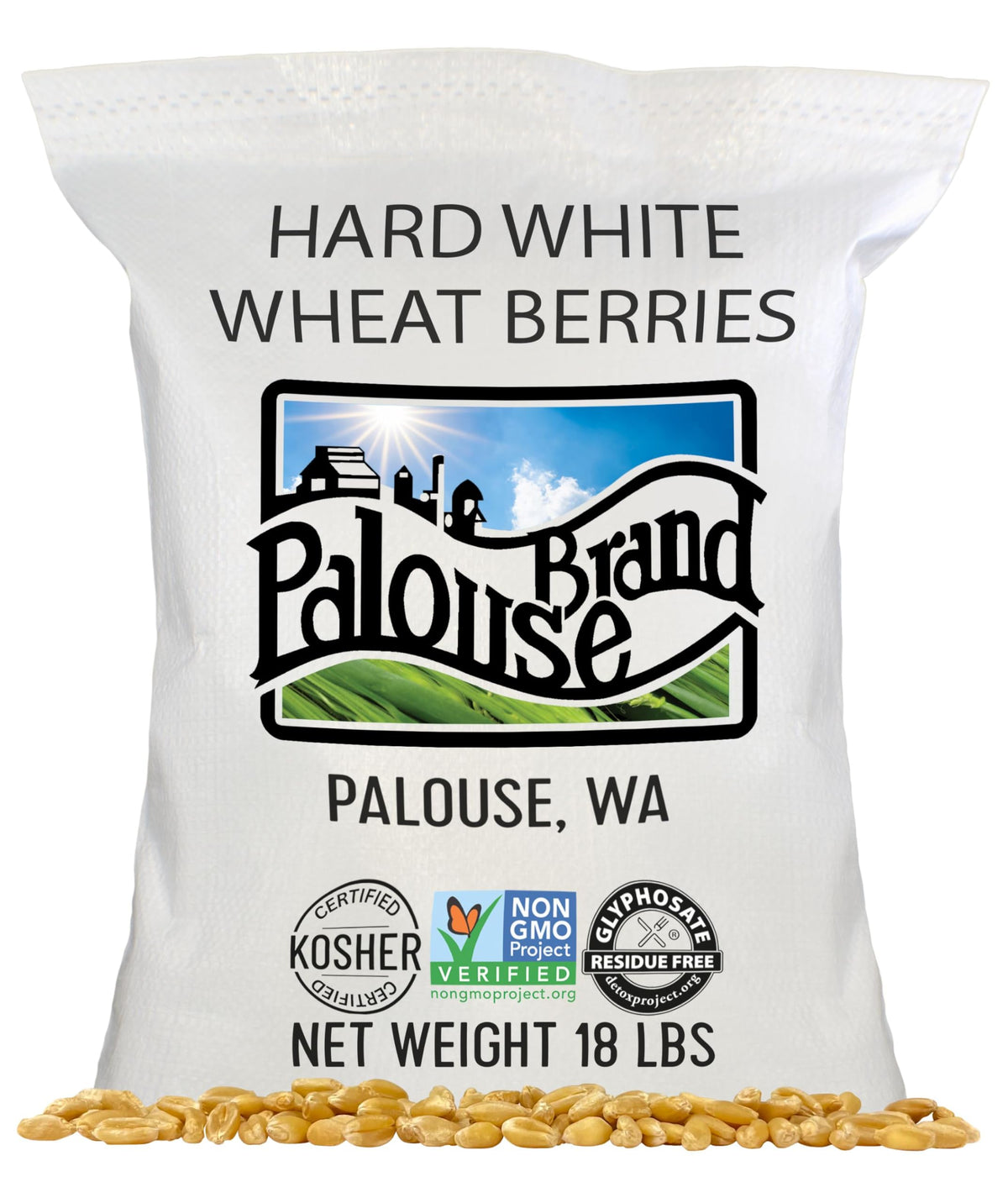 Palouse Brand 18 lb bag of hard white wheat berries ready for pantry storage and cooking.