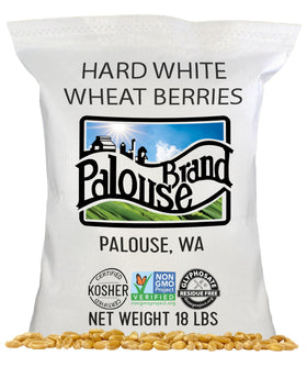 Palouse Brand 18 lb bag of hard white wheat berries ready for pantry storage and cooking.