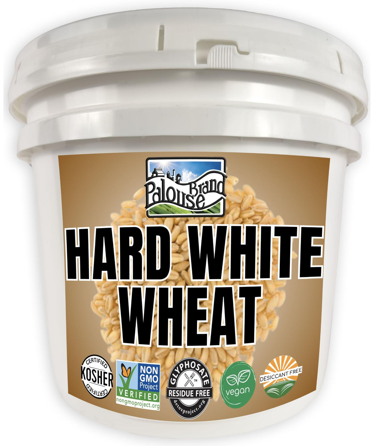 Palouse Brand hard white wheat berries in bucket front, ready for long-term storage and use