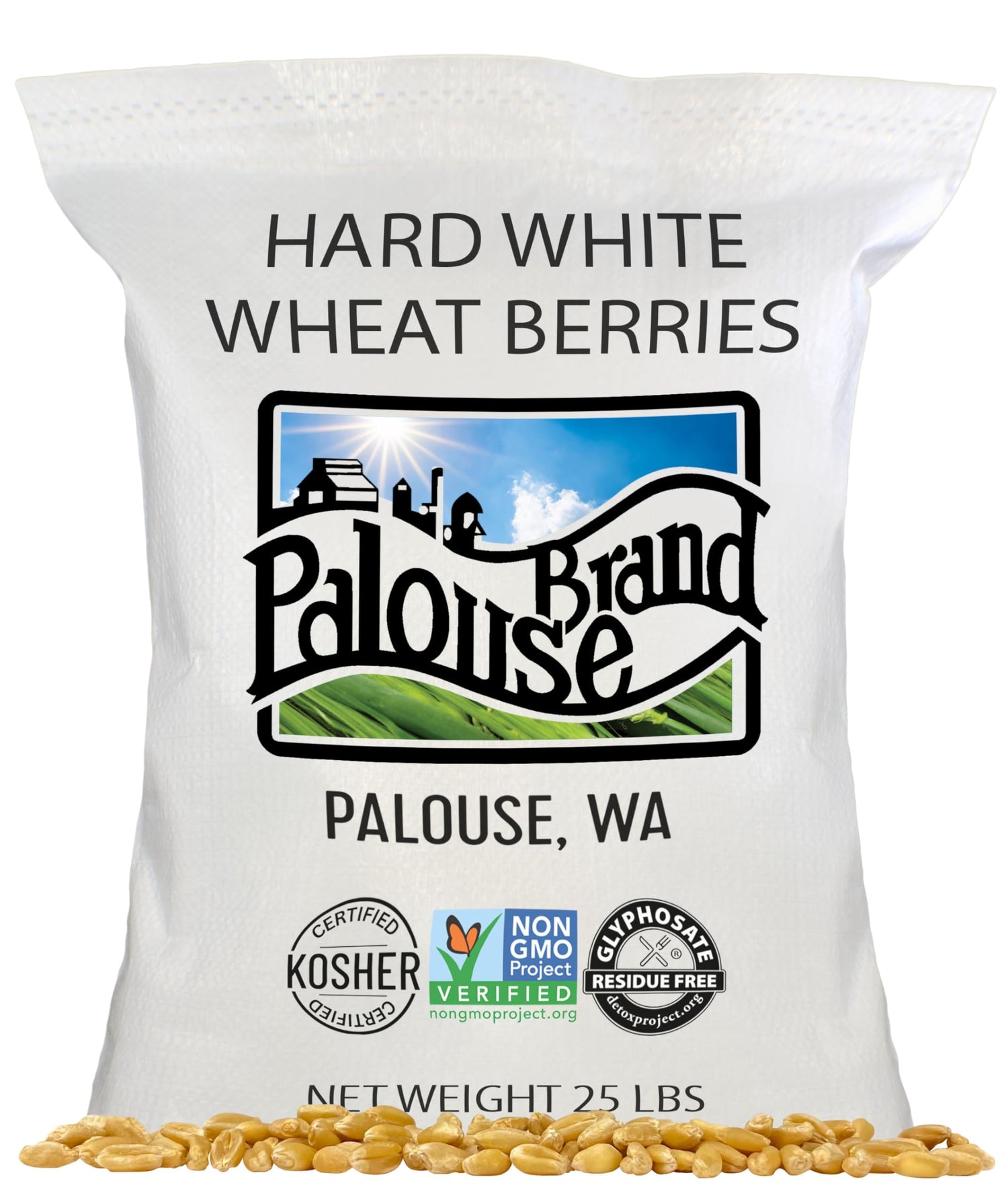 Palouse Brand hard white wheat berries in packaging with clean label for long shelf life.