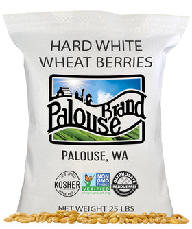 Palouse Brand hard white wheat berries in packaging with clean label for long shelf life.