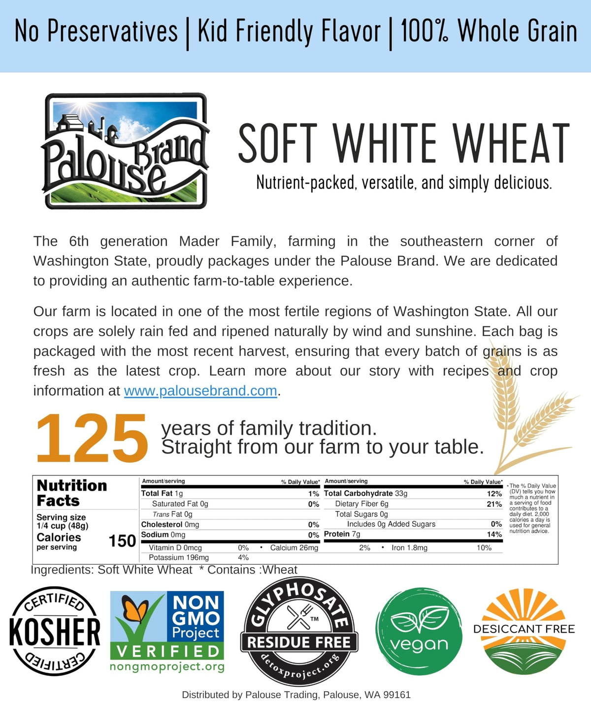 Kosher-certified Palouse Brand wheat berries for trusted processing.