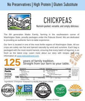 Palouse Brand Kosher Parve chickpeas suitable for diverse recipes.