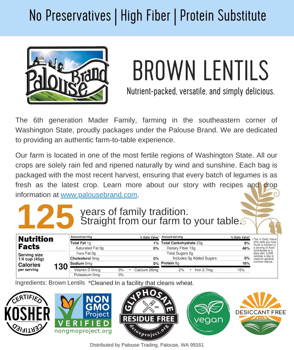 Palouse Brand kosher certification seal on lentil bag, appealing to kosher kitchens.