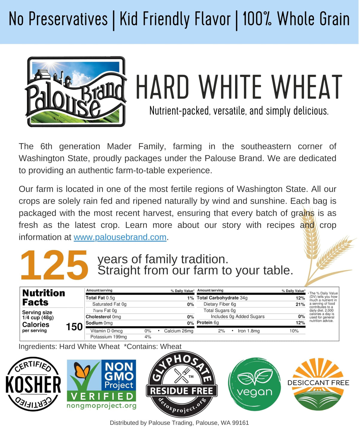 Palouse Brand non-GMO Project verified badge reinforces trusted sourcing.