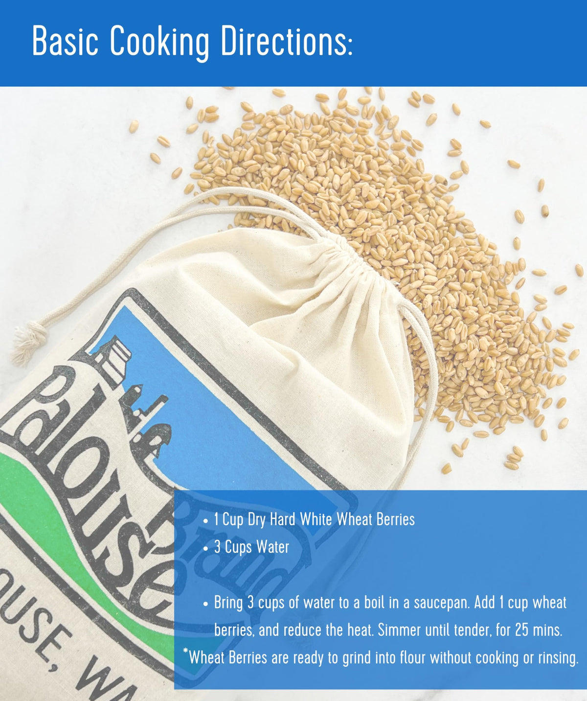 Non-GMO Project Verified Palouse Brand logo beside wheat berries on shelf.