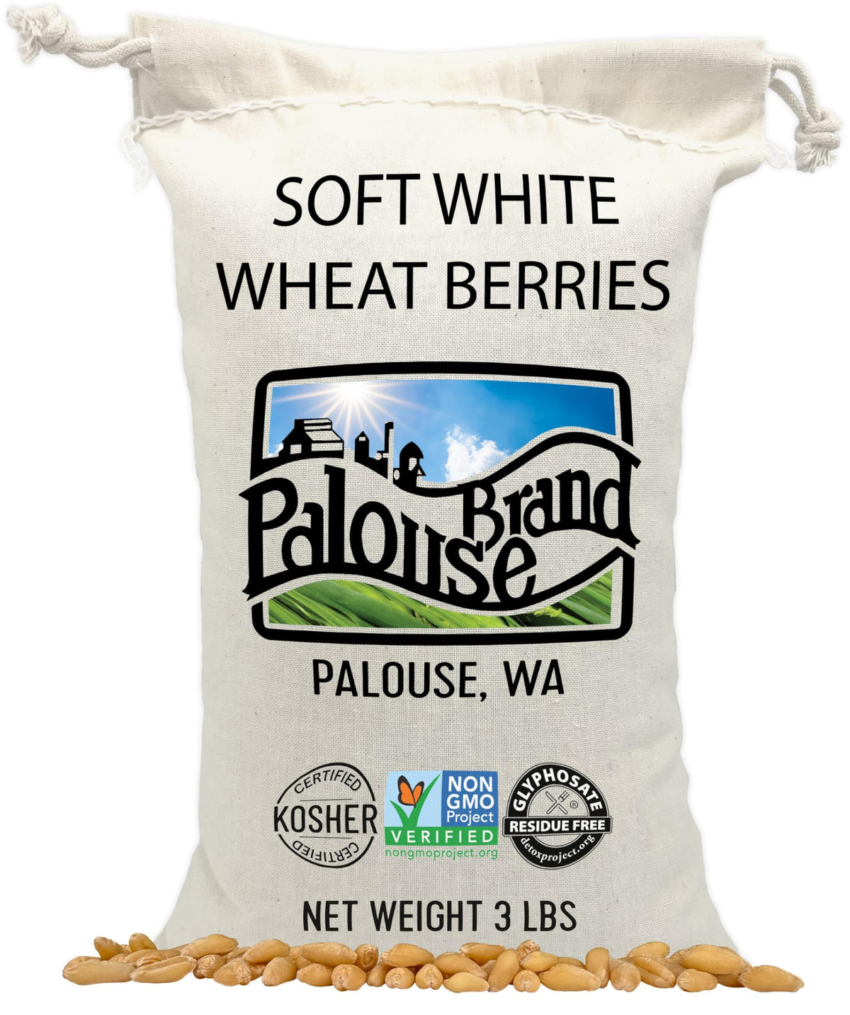 Palouse Brand soft white wheat berries in a 3 lb bag for pantry staples.