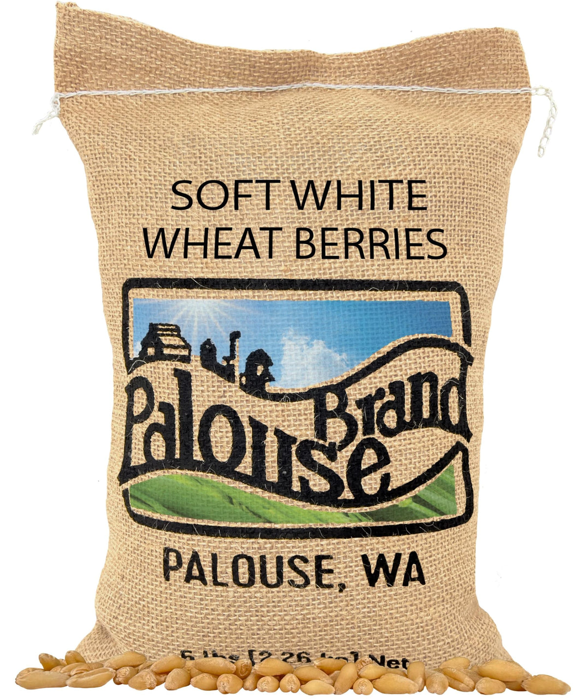 Palouse Brand Soft White Wheat Berries packaging, 5 lb bag, great for pantry storage.