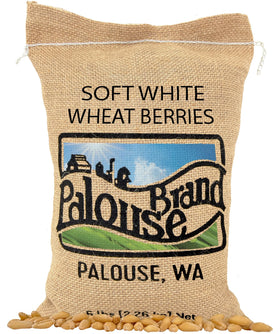 Palouse Brand Soft White Wheat Berries packaging, 5 lb bag, great for pantry storage.