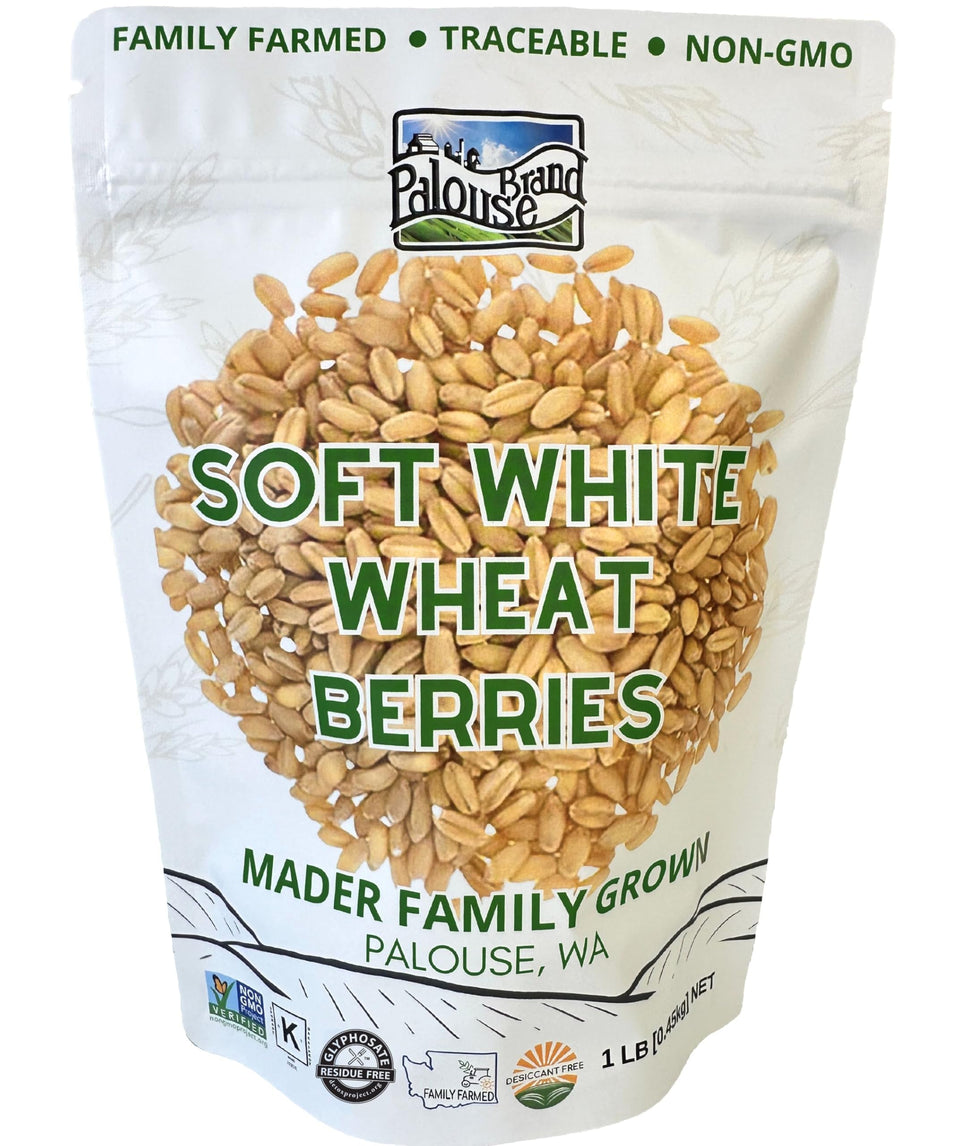 Palouse Brand soft white wheat berries packshot highlighting pantry-ready quality