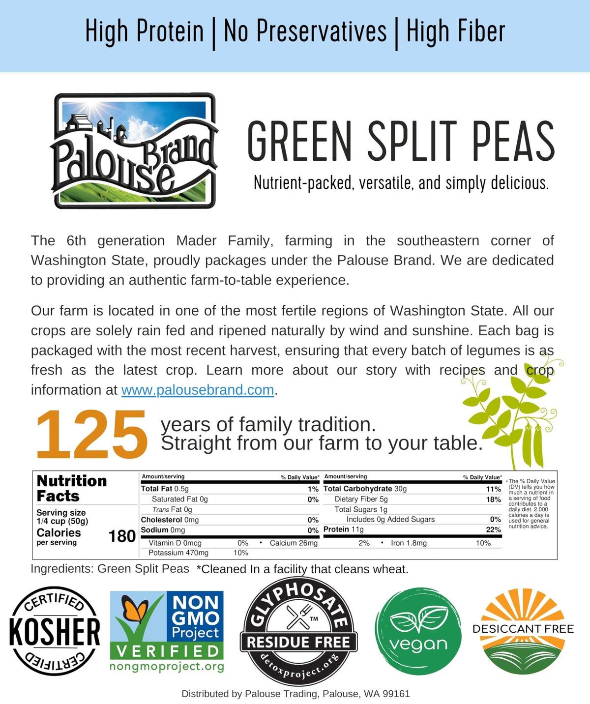 Palouse Brand Washington state farm peas showcasing origin