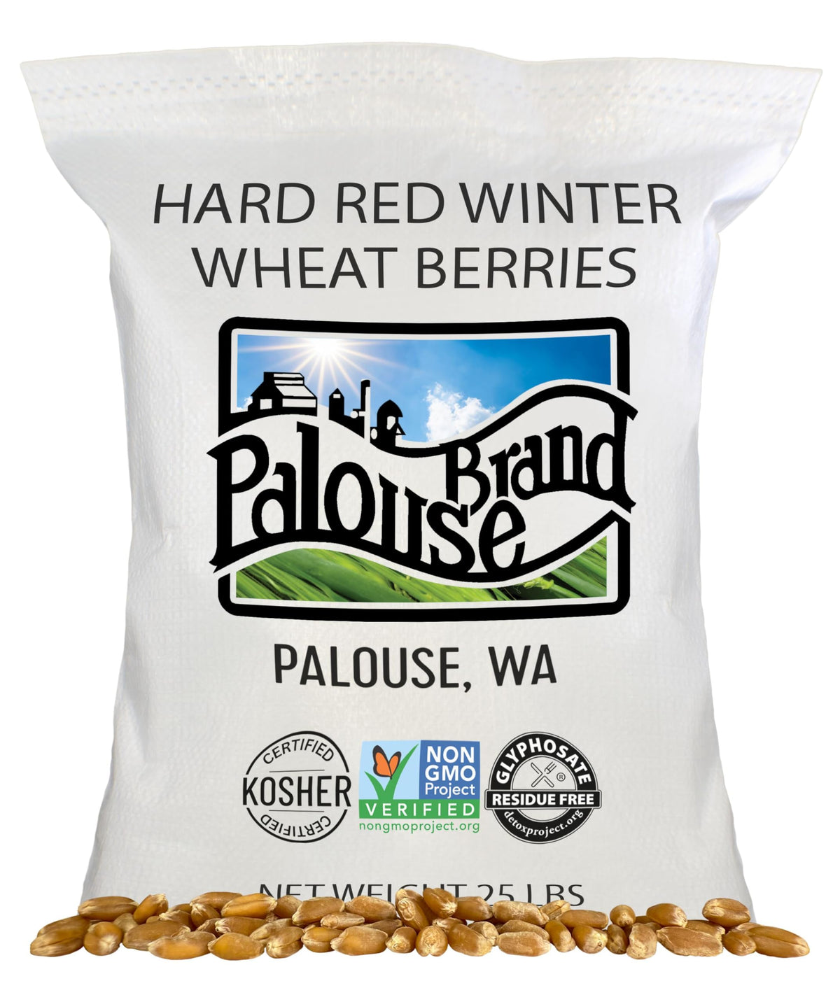Palouse Brand Wheat Berries 25lb bag front shows glyphosate-free, versatile grains.