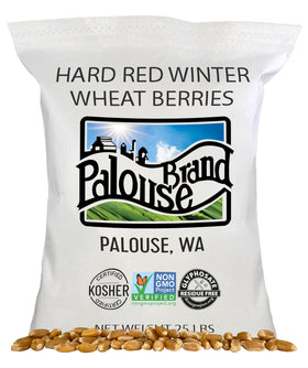 Palouse Brand Wheat Berries 25lb bag front shows glyphosate-free, versatile grains.