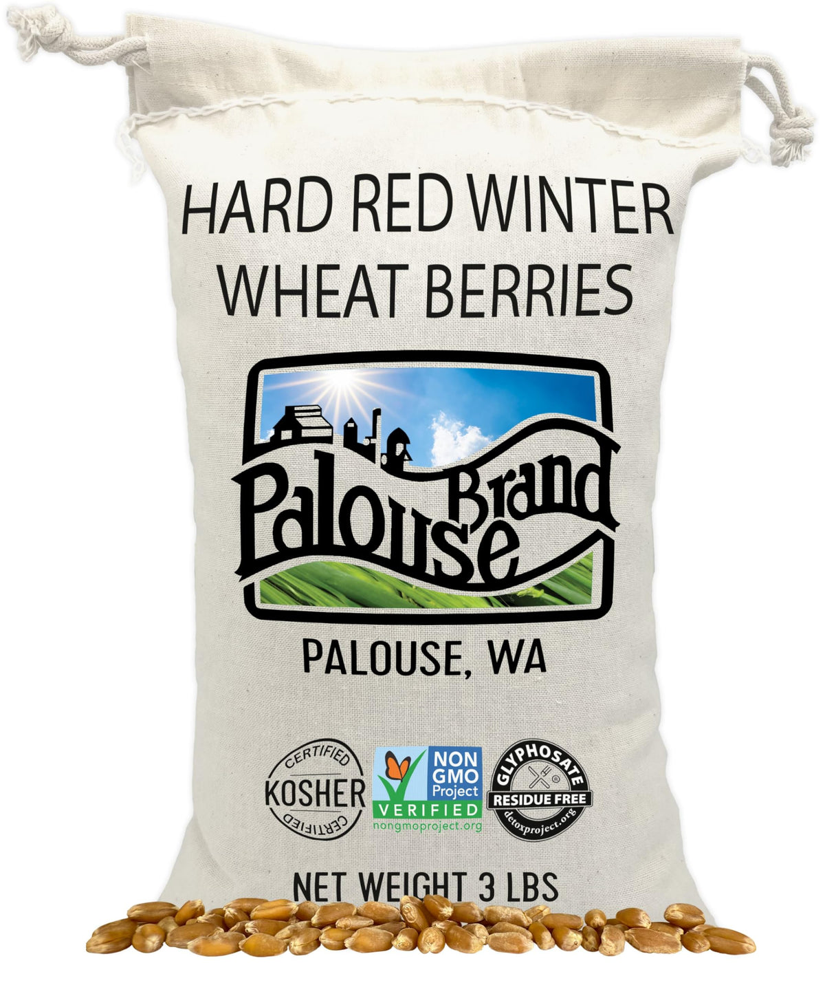 Palouse Brand wheat berries bag on table; ideal for pantry storage and meal prep.