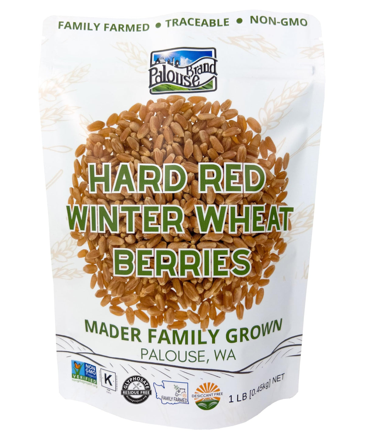 Palouse Brand wheat berries packaging highlights glyphosate-residue free quality.