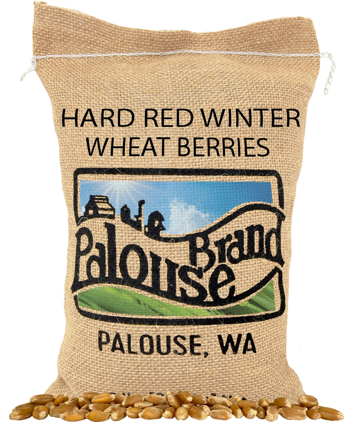 Palouse Brand hard red winter wheat berries packaging showing glyphosate residue free and Non-GMO Verified.
