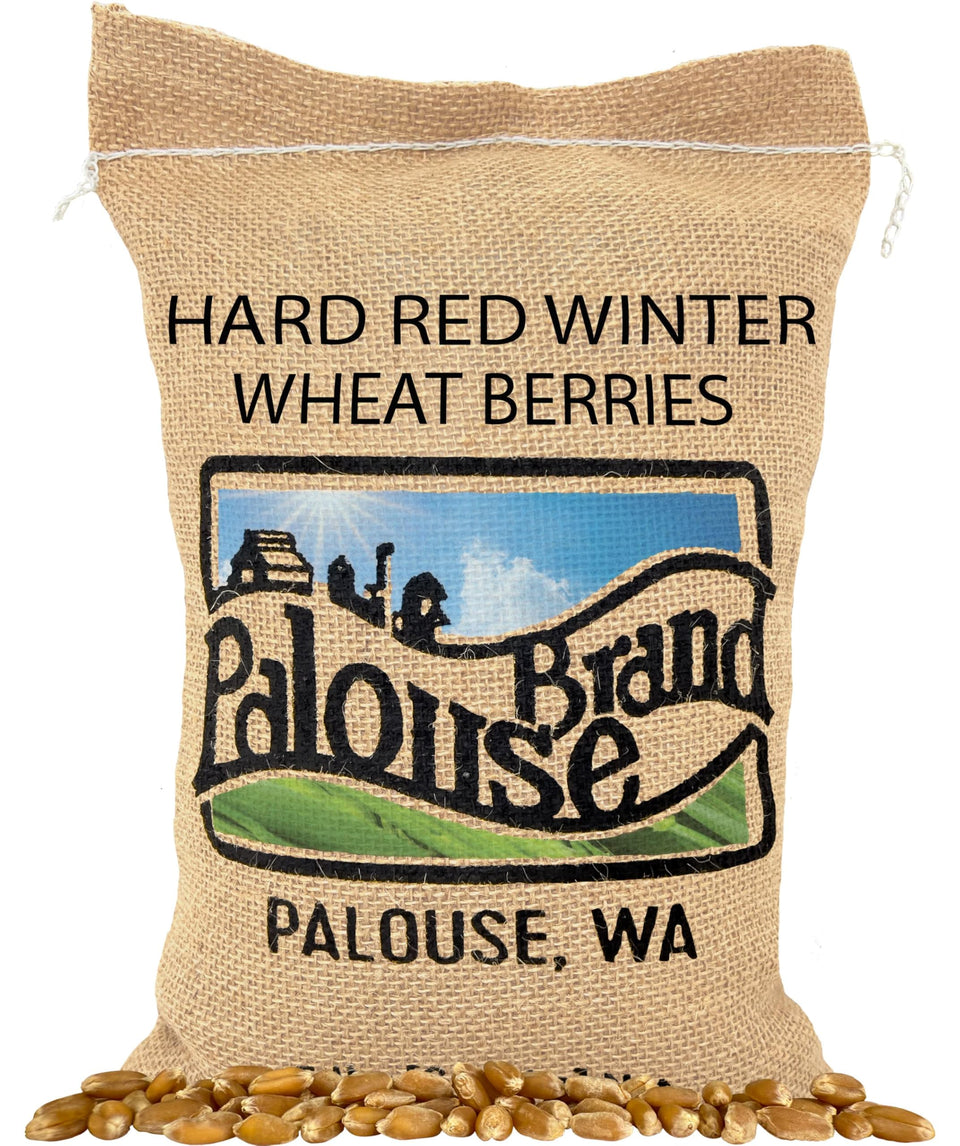 Palouse Brand hard red winter wheat berries packaging showing glyphosate residue free and Non-GMO Verified.