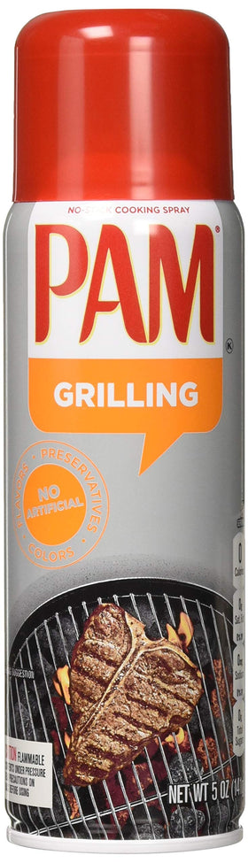 Pam Grilling No-Stick Cooking Spray bottle prevents sticking during high-heat grilling.