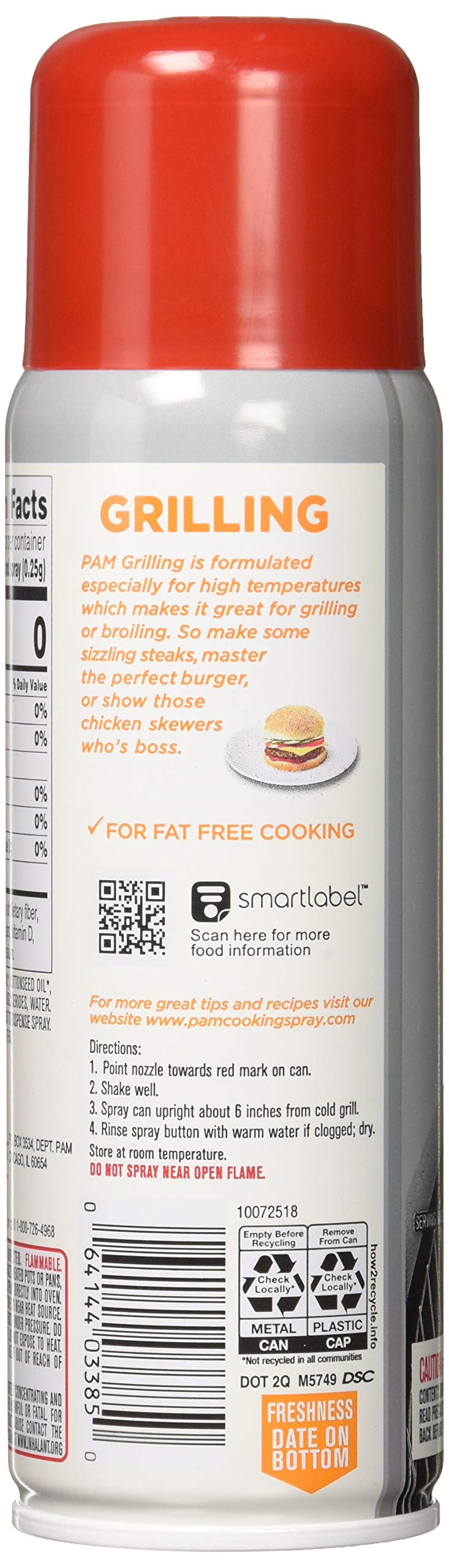 Pam Grilling No-Stick spray can delivers even coating for fat-free cooking.