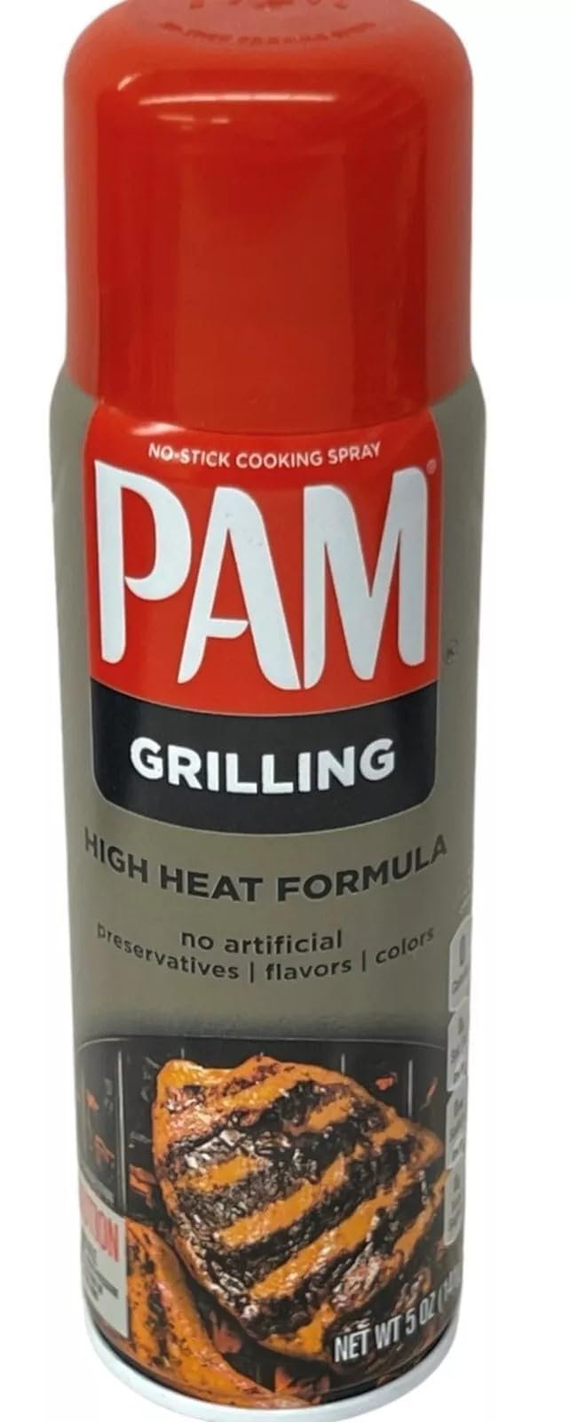 Pam high-temperature grilling spray in use, dispensing evenly on the grate.