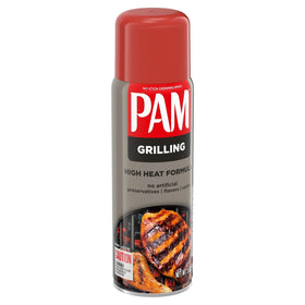 Pam no-stick grilling spray on grate application, preventing sticking during cooking.