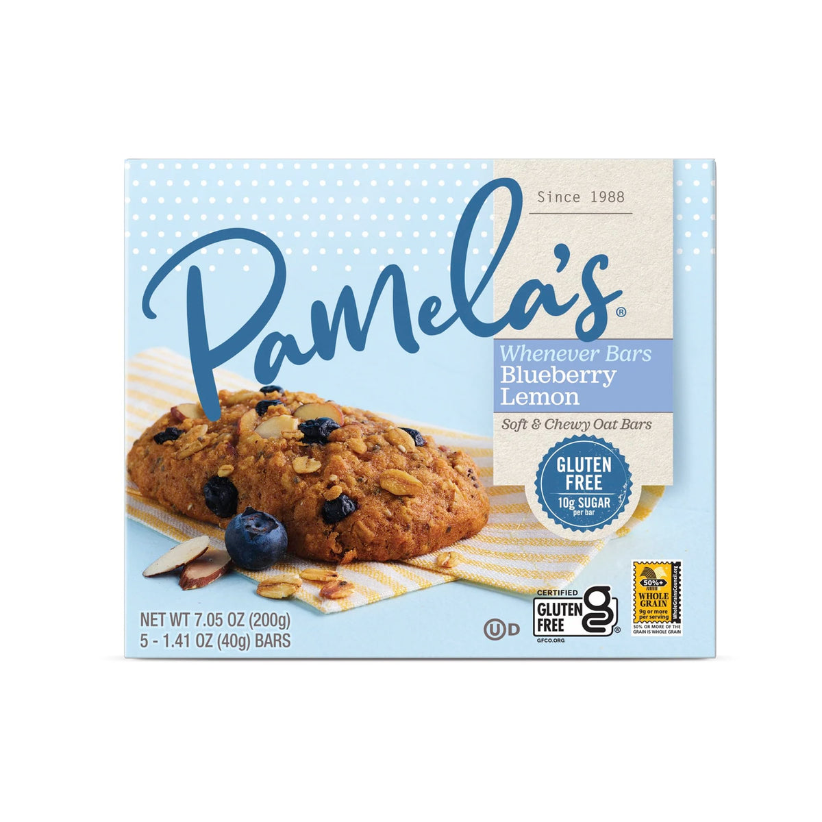 Kitchen-counter display of Pamela's bars with blueberry-lemon imagery.
