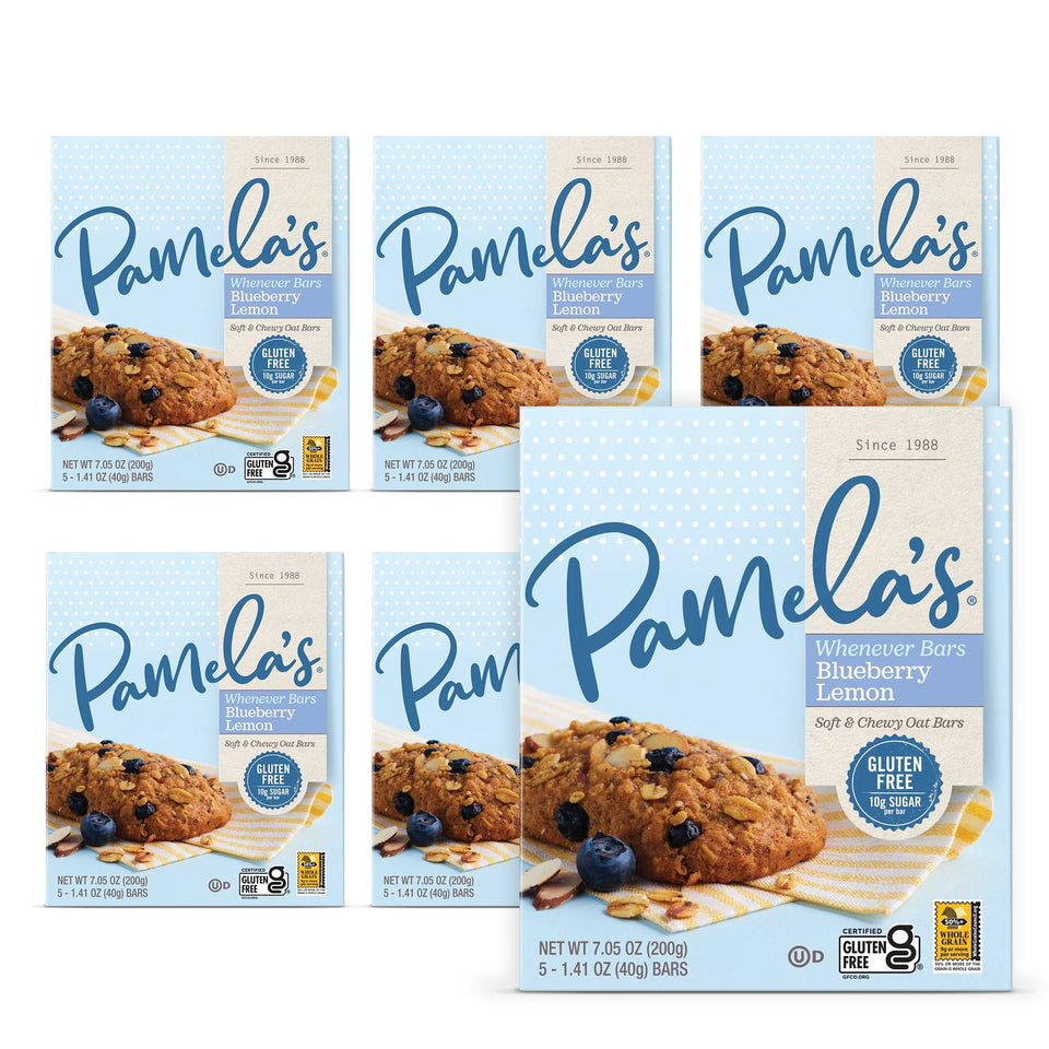 Pamela's Gluten Free Whenever Bars blueberry-lemon box, ideal for on-the-go snacking.