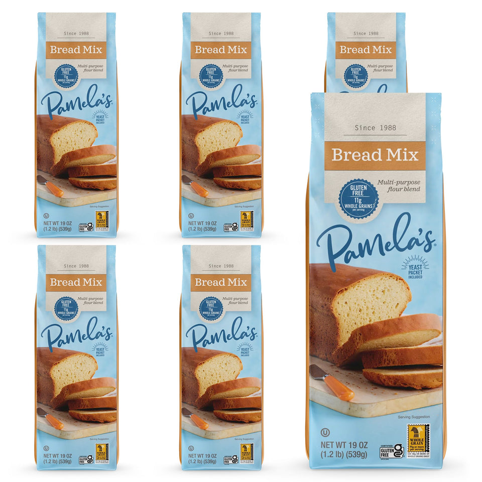 Pamela's Gluten Free Bread Mix bread loaf image shows a soft golden loaf ready to slice