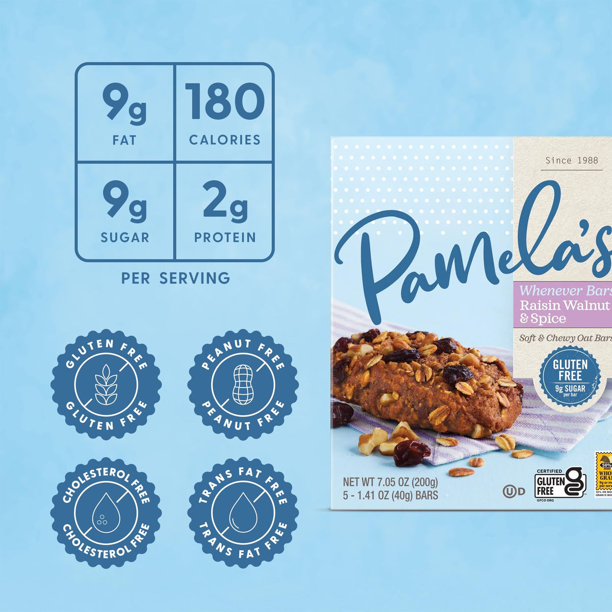 Pamela's Whenever Bars close-up shows oats and chia for a satisfying gluten-free bite