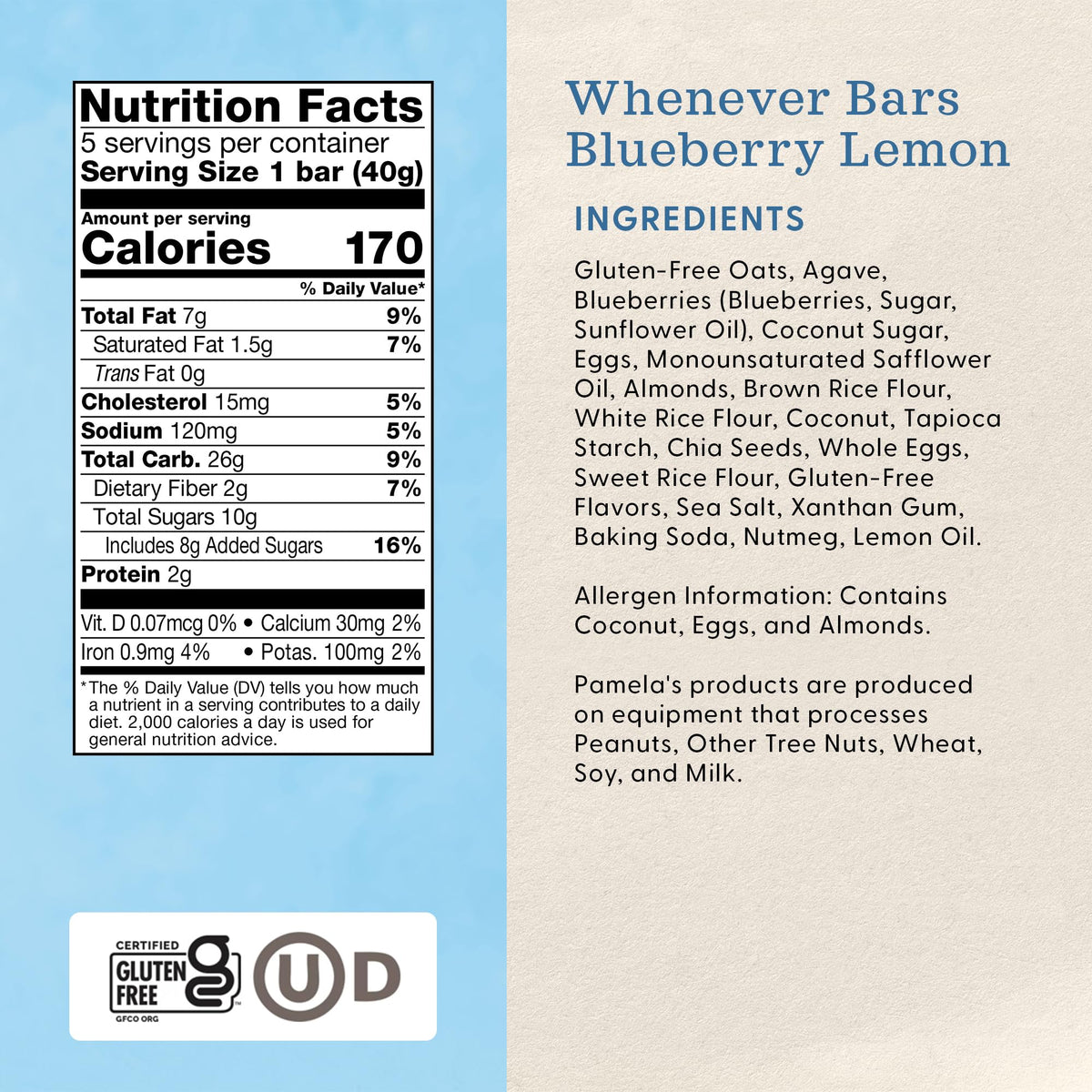 Dairy-free Pamela's bar wrapper highlights a non-dairy snack option.