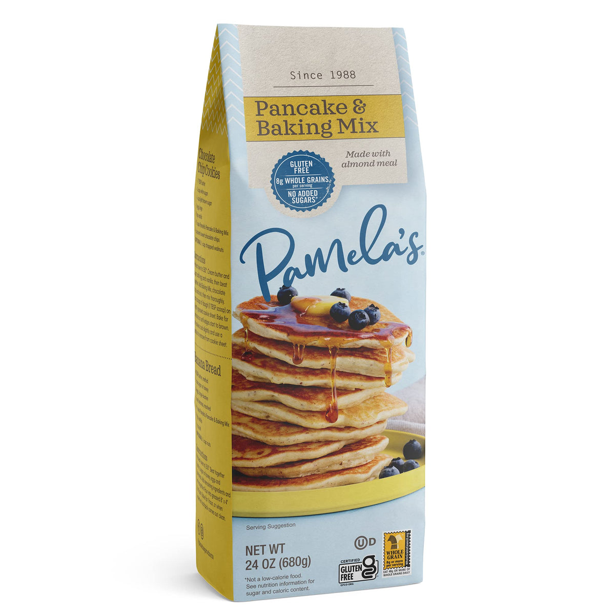 Pamela's Pancake & Baking Mix bag front shows gluten-free and kosher labeling.