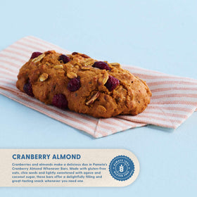 Close-up of Pamela's Cranberry Almond bar showing texture and fruit chunks