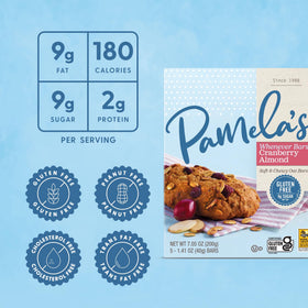Ingredient panel highlights gluten-free oats and chia seeds in Pamela's bars