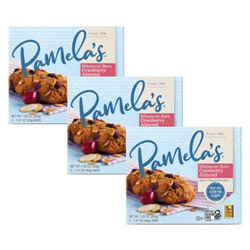 Pamela's Gluten Free Whenever Bars box packaging shows a convenient three-bar pack for travel
