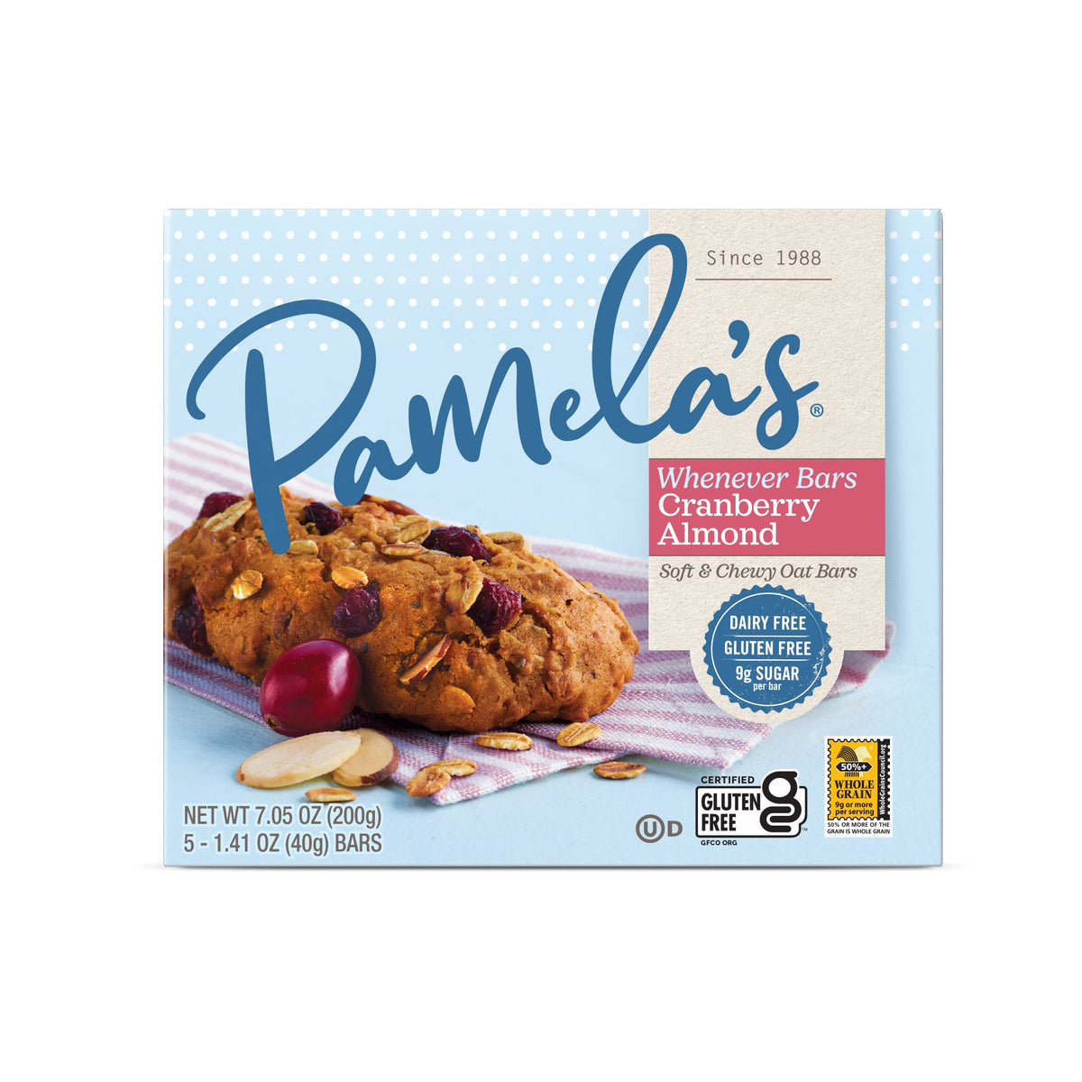 Close-up of Pamela's bar highlighting oats, cranberries, and almonds for a wholesome texture