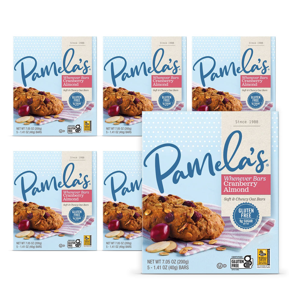 Pamela's Gluten Free Whenever Bars packaging with Cranberry Almond for on‑the‑go snacking