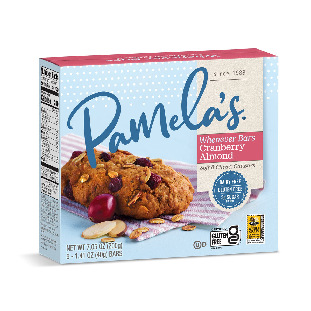 Resealable packaging keeps Pamela's bars fresh between bites during travel and workouts