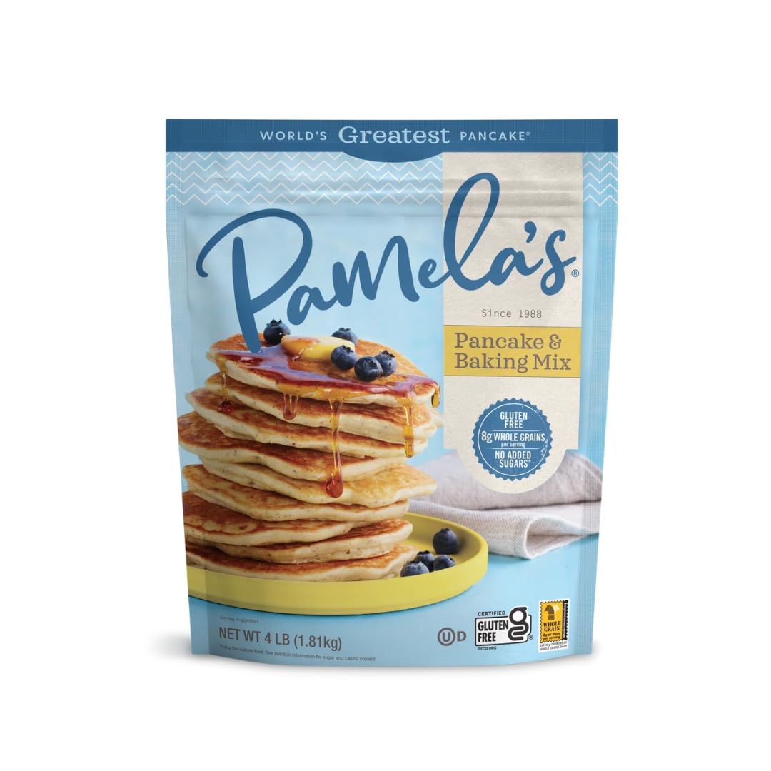  Pamela's Ultimate Baking Mix jar, gluten-free base for pancakes, breads, and desserts.