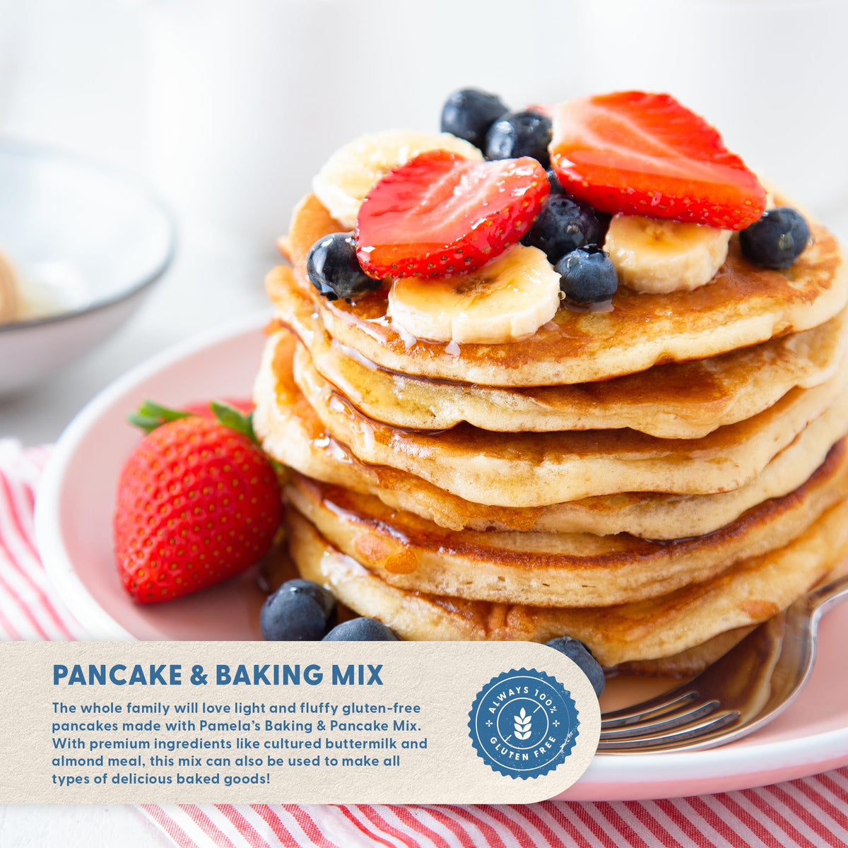  Pamela's Ultimate Baking Mix pancakes stack, light and fluffy when cooked.