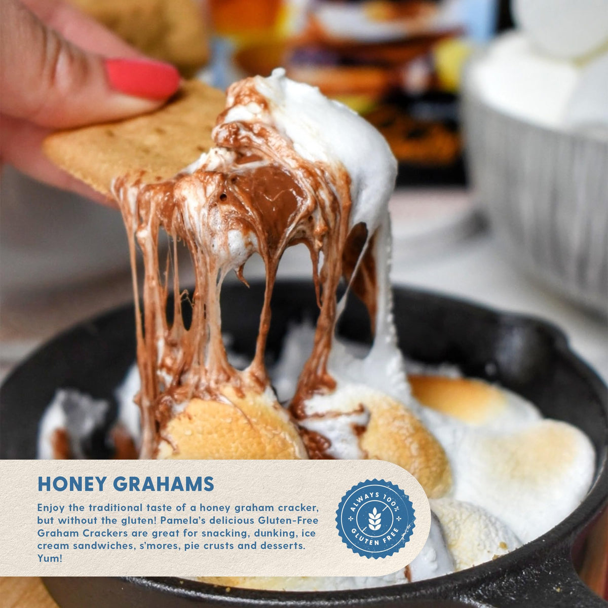 Ingredients panel close-up for Pamela's Honey Grahams and gluten-free notes.
